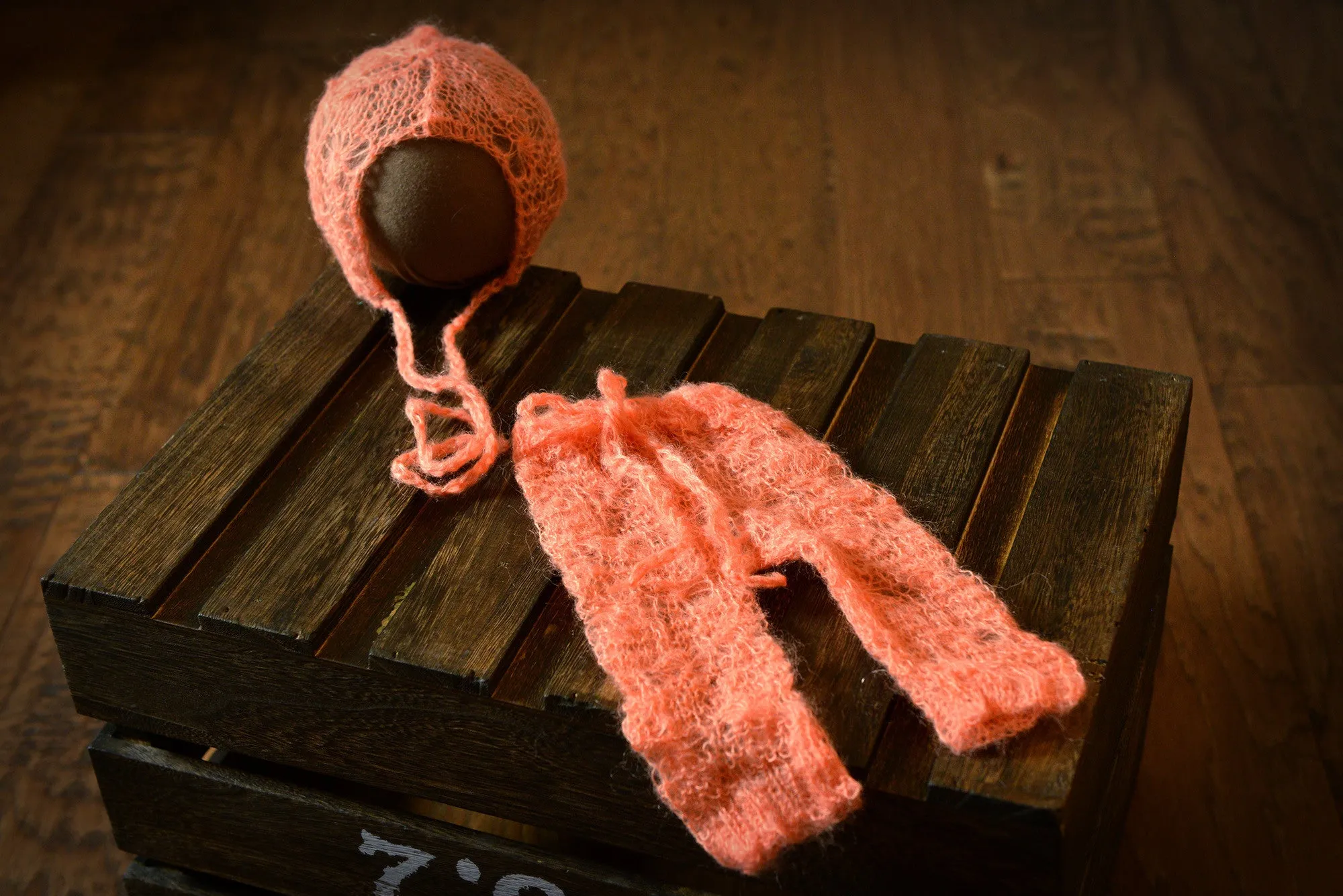 SET Mohair Pants and Ornate Flower Bonnet - Salmon