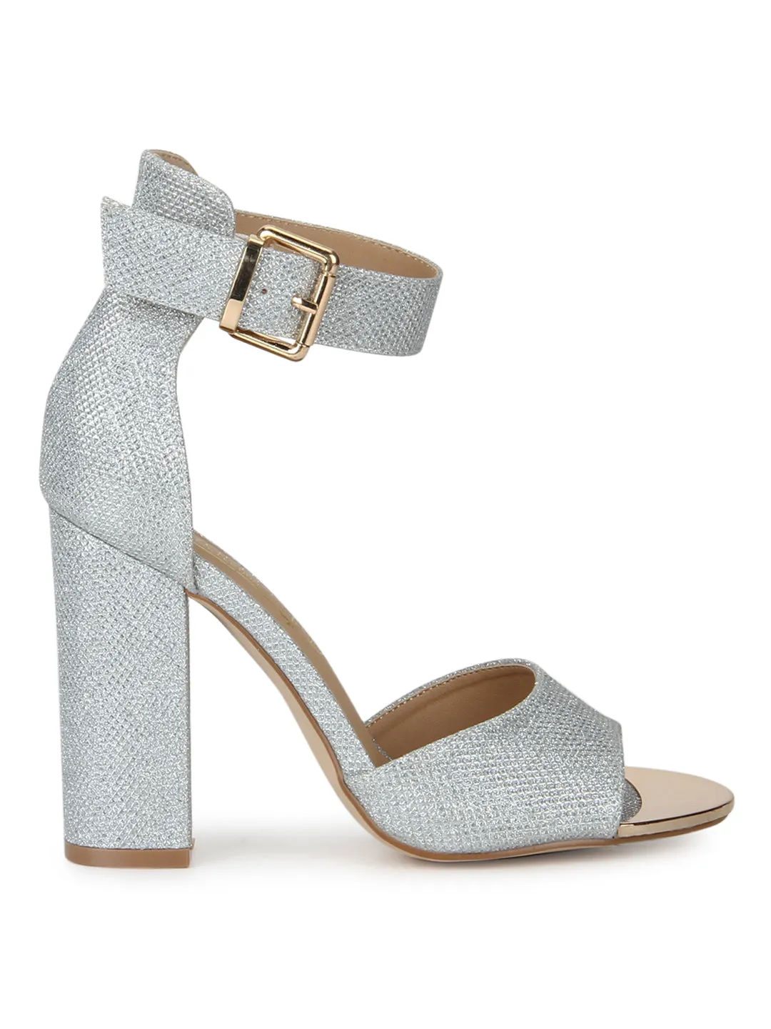 Silver Shimmer Ankle Strap Block Heels