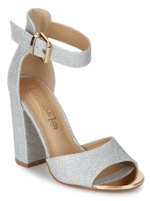 Silver Shimmer Ankle Strap Block Heels