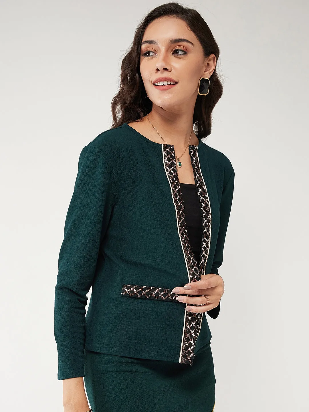 Solid Front Open Blazer With Sequin Detail