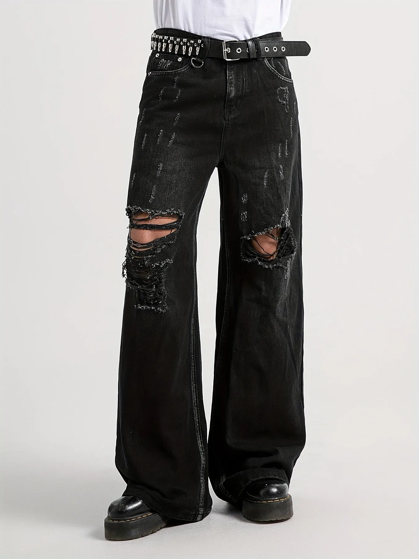 Stylish Men's Wide Leg Ripped Denim Pants - Distressed Street Style Jeans with Faded Thighs, Artificial Tears, and Heavy Fraying - Comfortable, Relaxed Fit, and Versatile for Casual Occasions