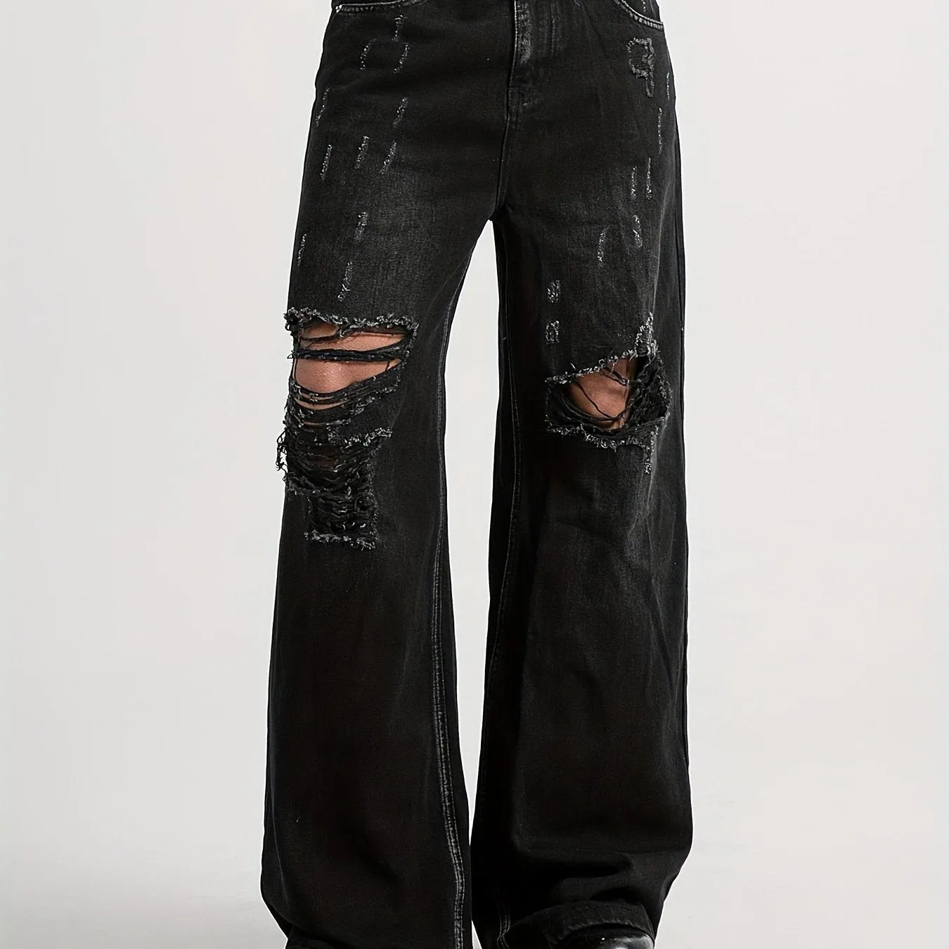 Stylish Men's Wide Leg Ripped Denim Pants - Distressed Street Style Jeans with Faded Thighs, Artificial Tears, and Heavy Fraying - Comfortable, Relaxed Fit, and Versatile for Casual Occasions