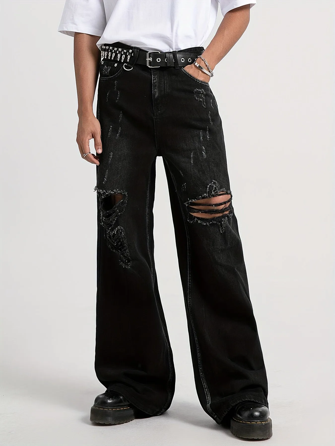 Stylish Men's Wide Leg Ripped Denim Pants - Distressed Street Style Jeans with Faded Thighs, Artificial Tears, and Heavy Fraying - Comfortable, Relaxed Fit, and Versatile for Casual Occasions