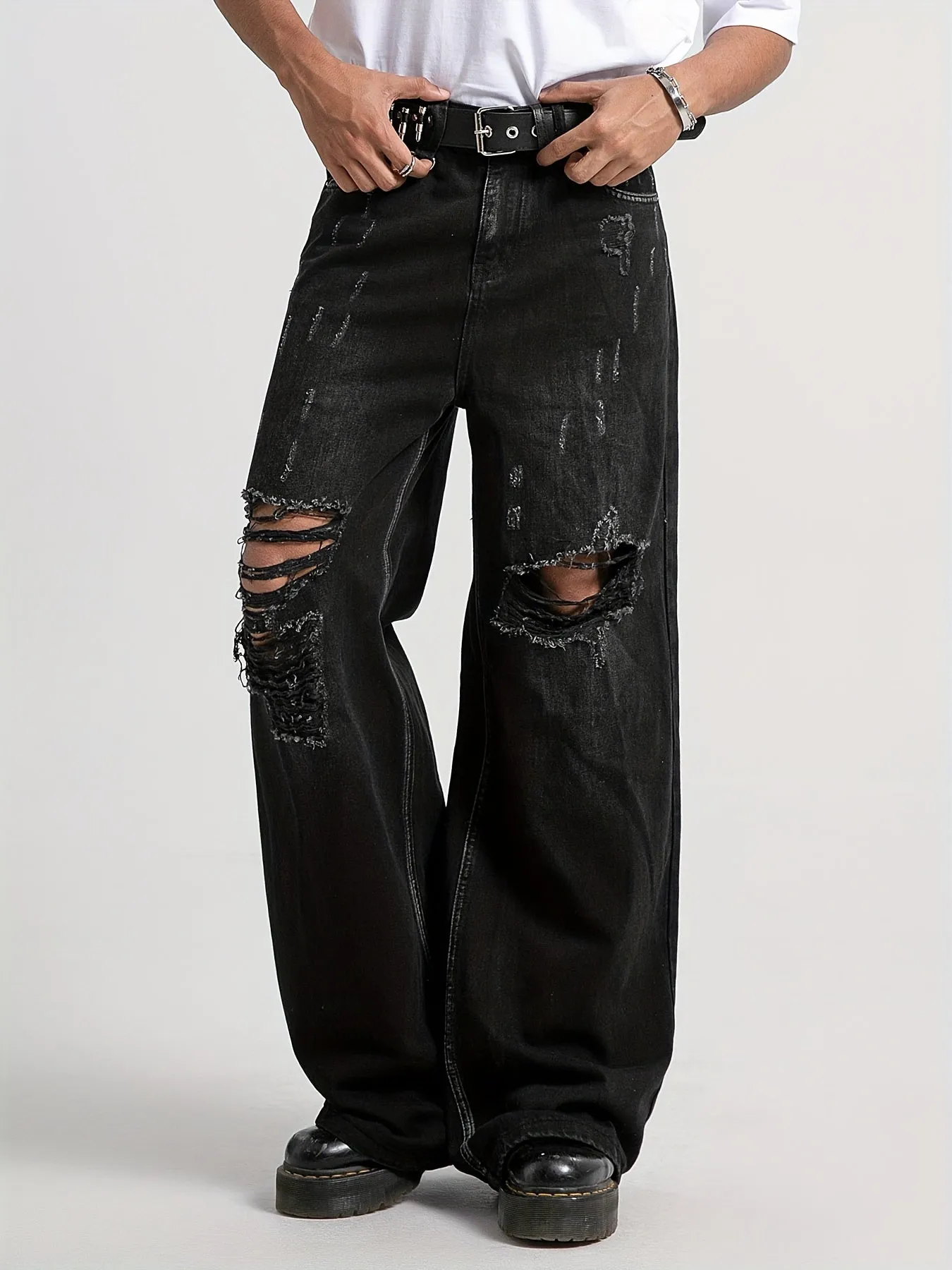 Stylish Men's Wide Leg Ripped Denim Pants - Distressed Street Style Jeans with Faded Thighs, Artificial Tears, and Heavy Fraying - Comfortable, Relaxed Fit, and Versatile for Casual Occasions