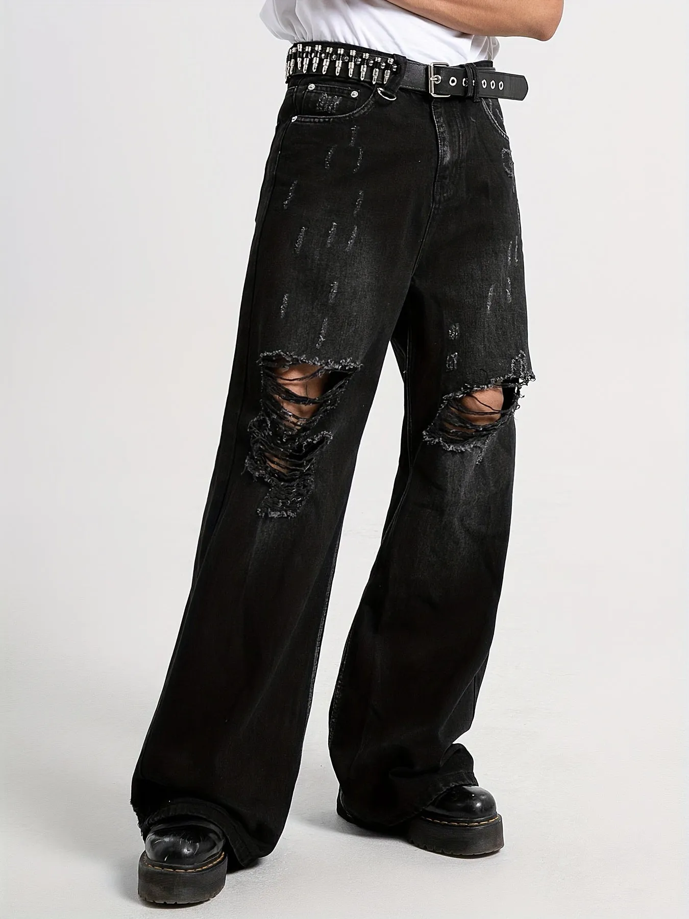 Stylish Men's Wide Leg Ripped Denim Pants - Distressed Street Style Jeans with Faded Thighs, Artificial Tears, and Heavy Fraying - Comfortable, Relaxed Fit, and Versatile for Casual Occasions