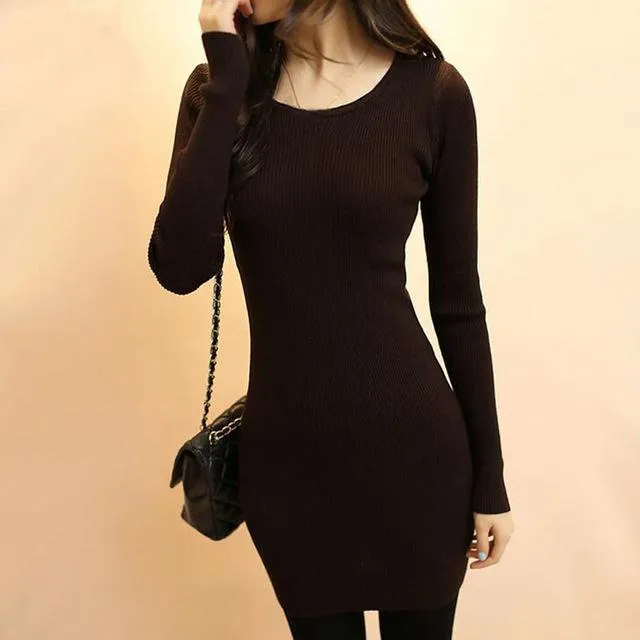 TANGNEST Women Sexy Sweater Dress 2017 Autumn Winter Fashion V Neck Bodycon Basic Mini Solid Color Knitted Dress WZQ208