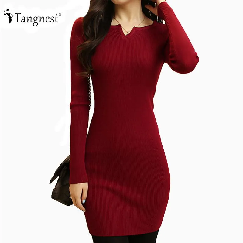 TANGNEST Women Sexy Sweater Dress 2017 Autumn Winter Fashion V Neck Bodycon Basic Mini Solid Color Knitted Dress WZQ208