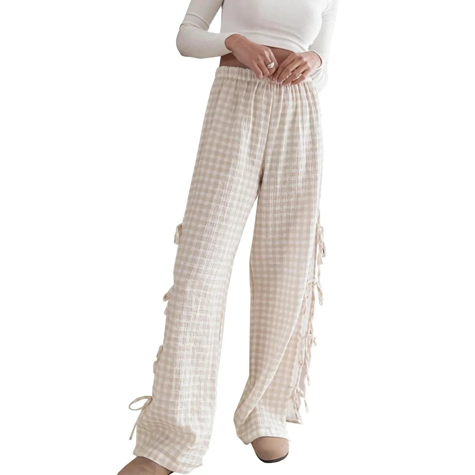 Tie-up Spring Summer Casual Versatile Plaid/Stripe Pants