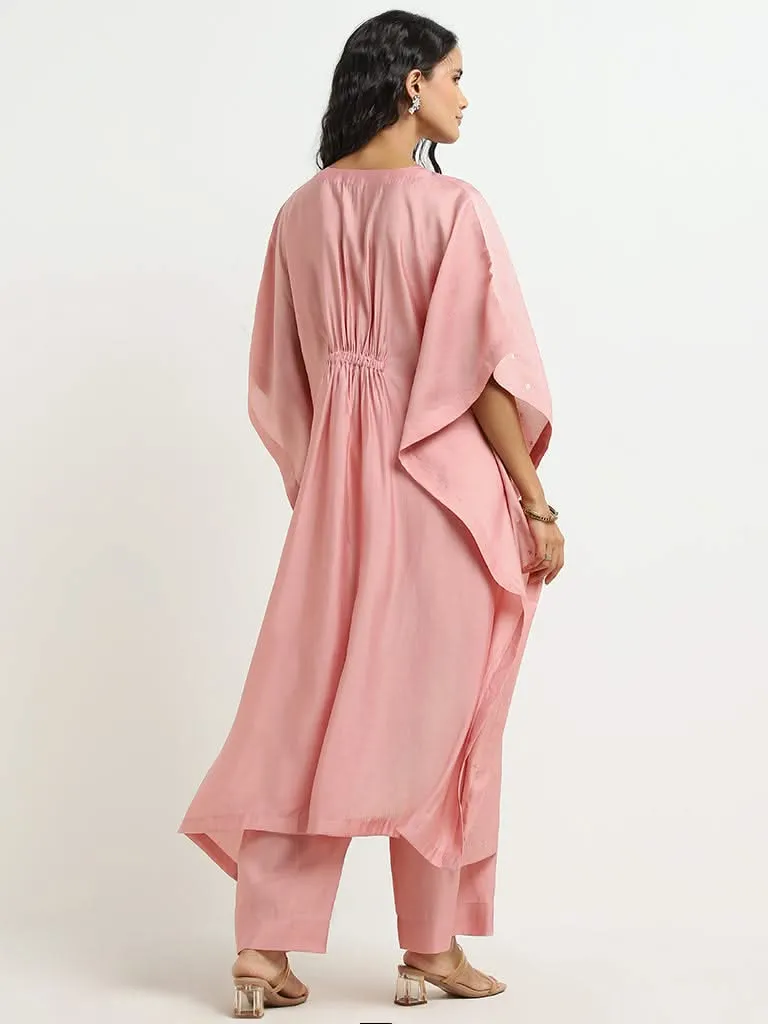 Vark Pink Floral Embroidered Kaftan and Mid-Rise Ethnic Pants Set