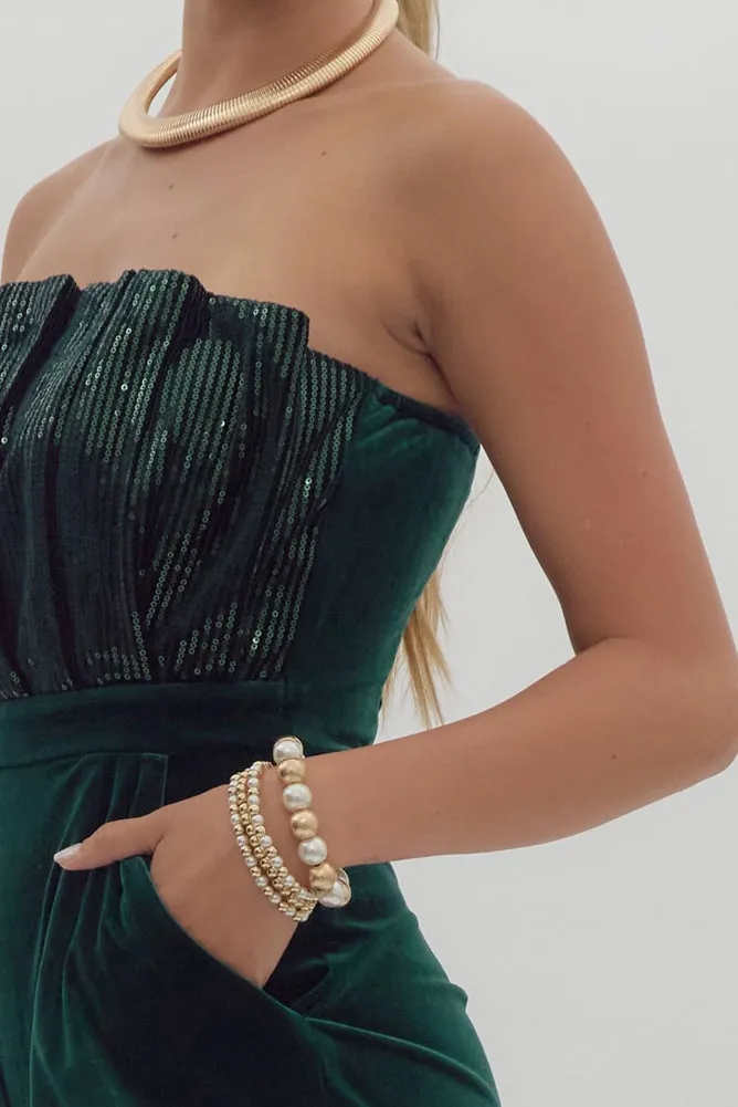 Velvet Sequin Strapless Jumpsuit in Emerald by Entro