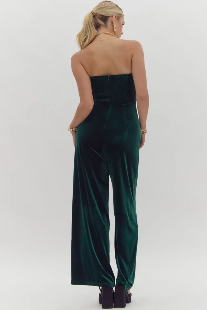 Velvet Sequin Strapless Jumpsuit in Emerald by Entro