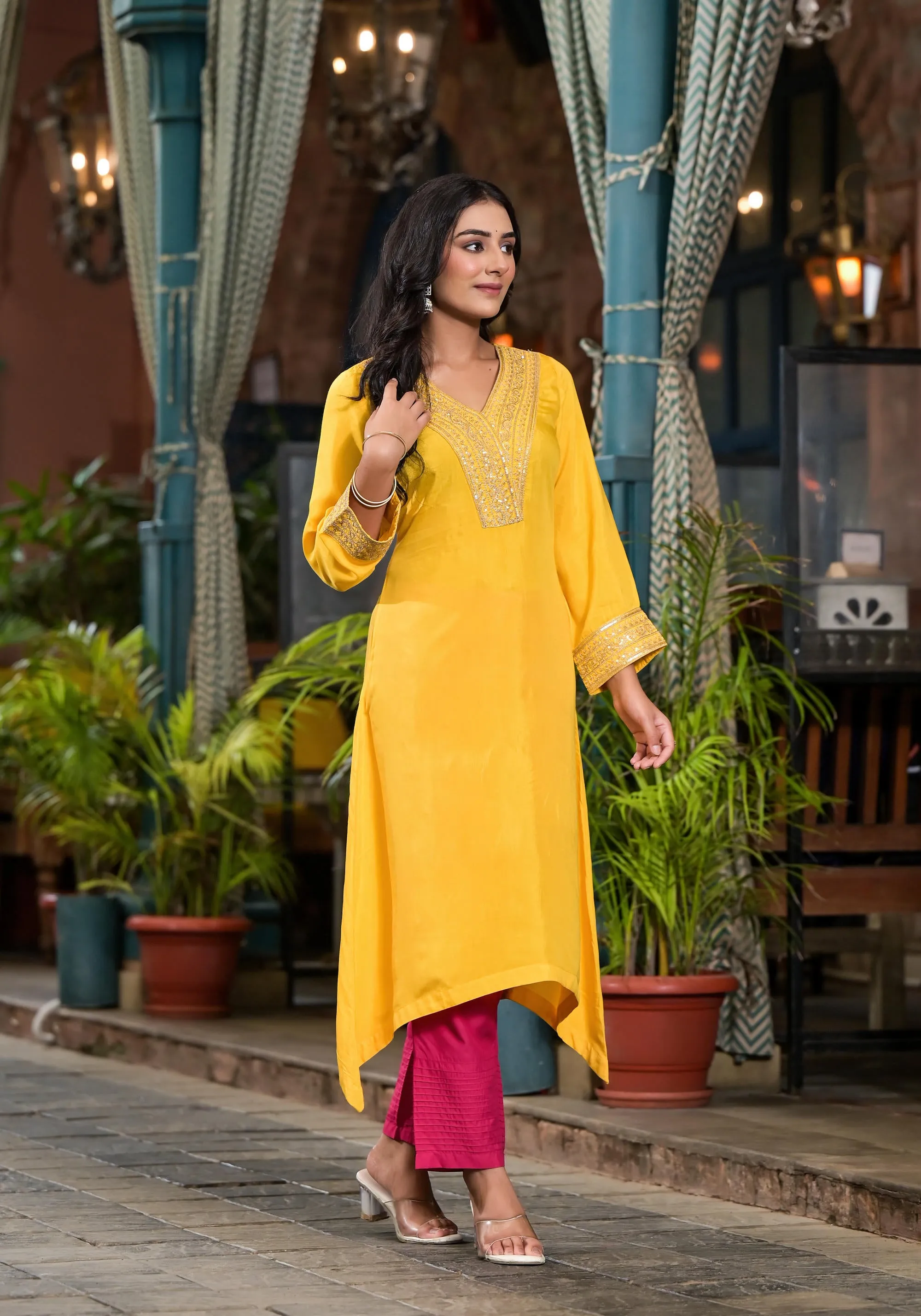 Yellow Solid Viscose Kurta & Pant Set With Zari Work & Sequins